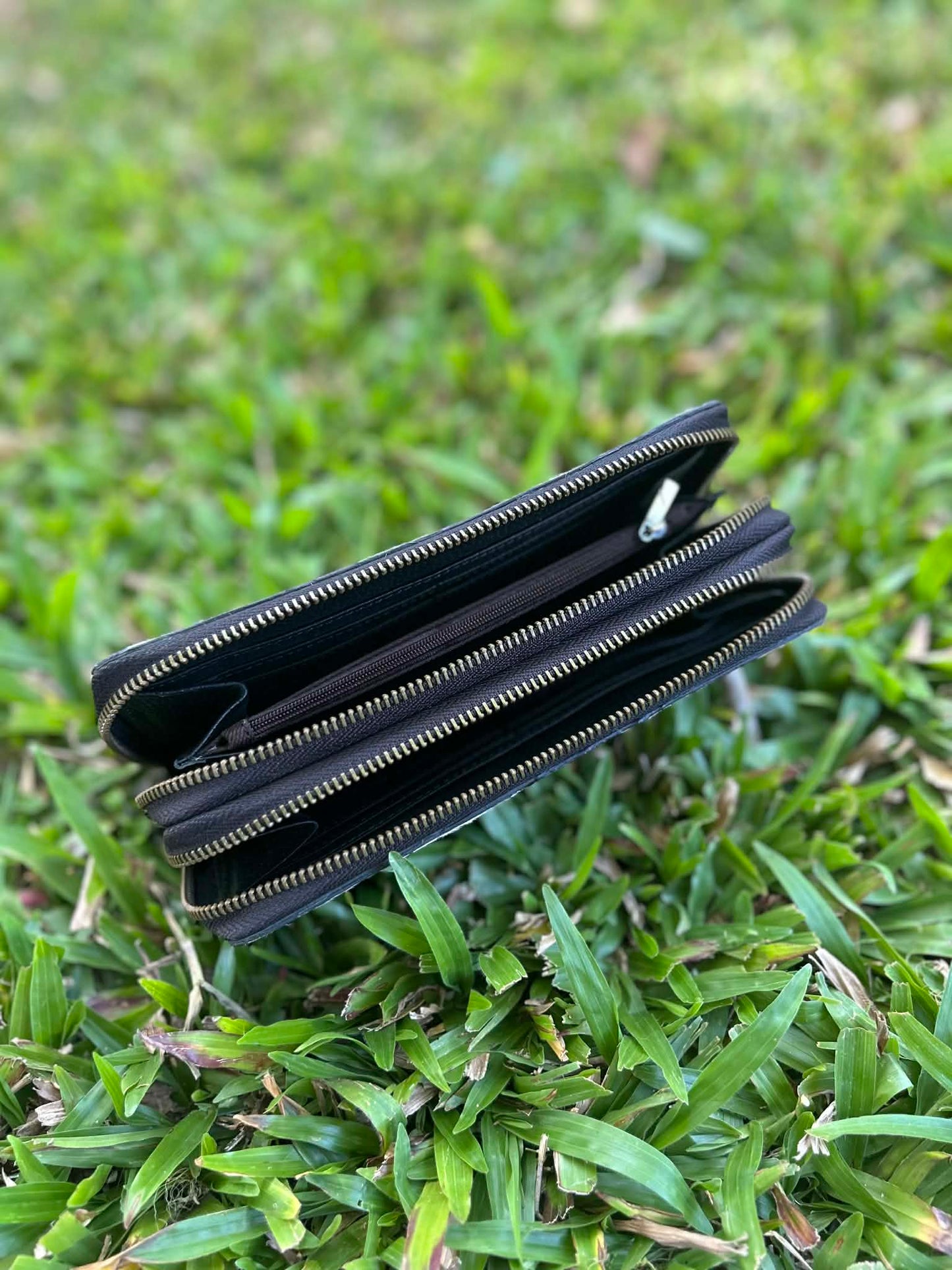 Black Leather Cowhide Double Zip Purse 2