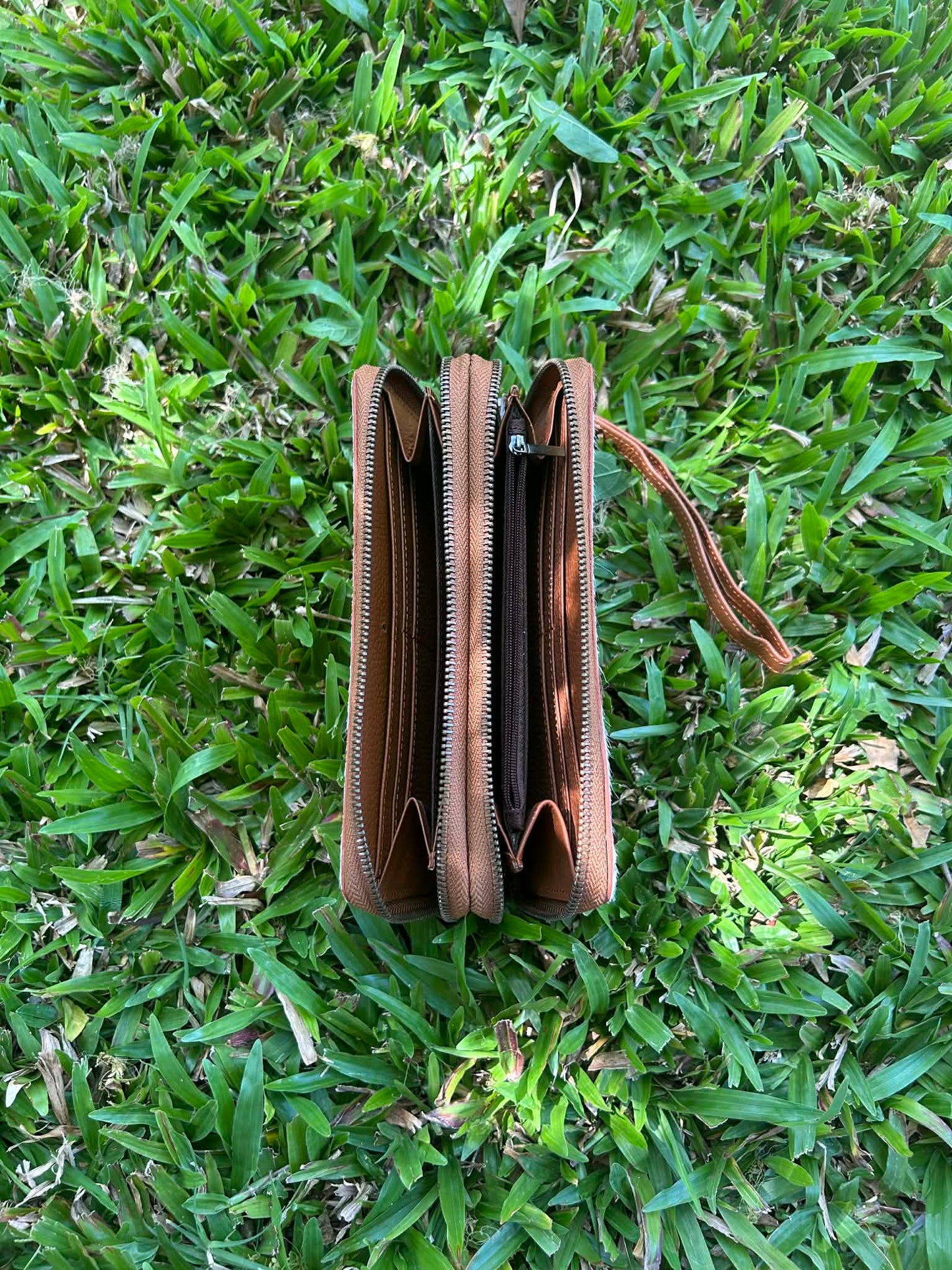 Tan Leather Cowhide Double Zip Purse 1