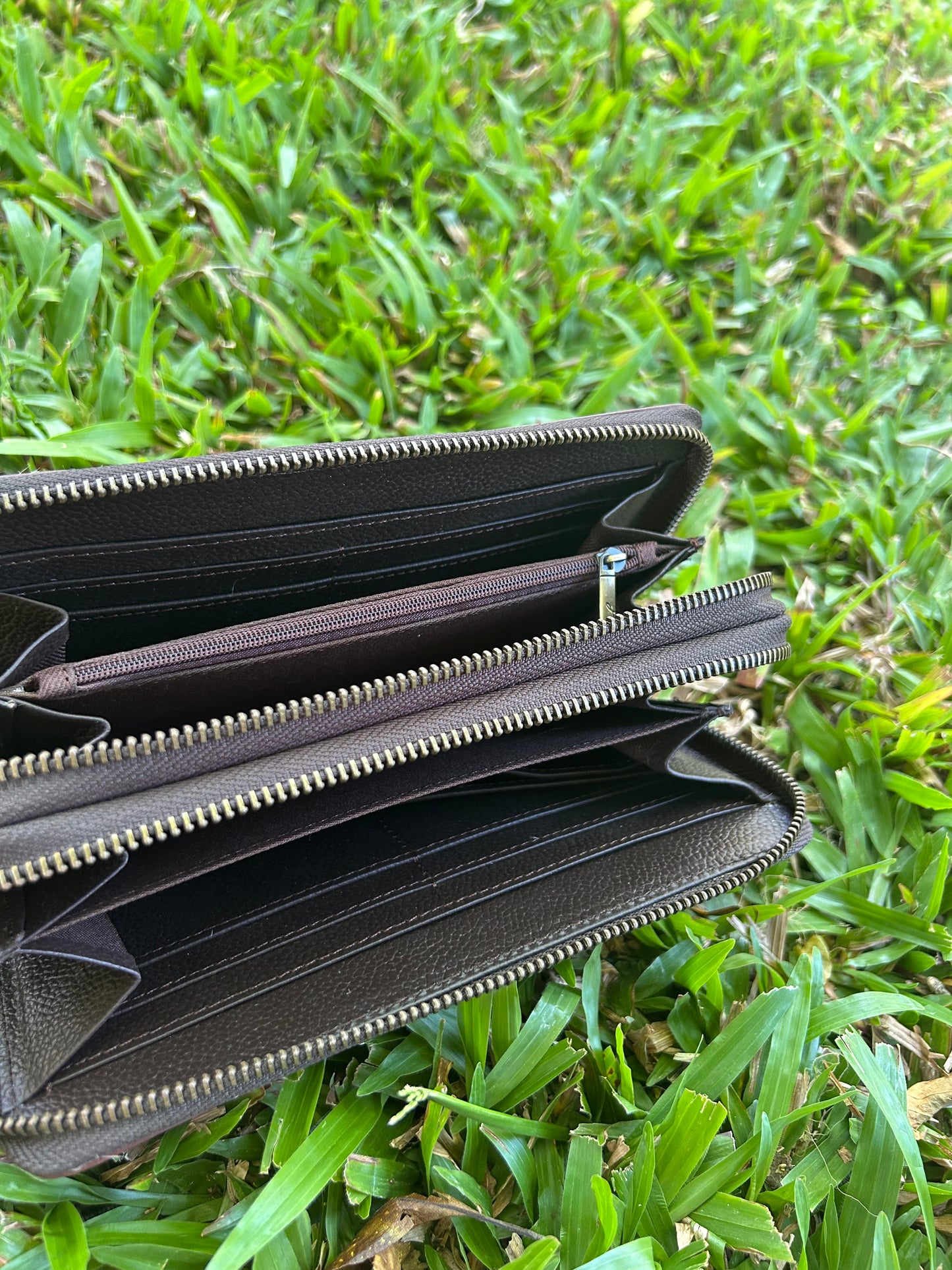 Dark Brown Leather Cowhide Double Zipper Purse 7