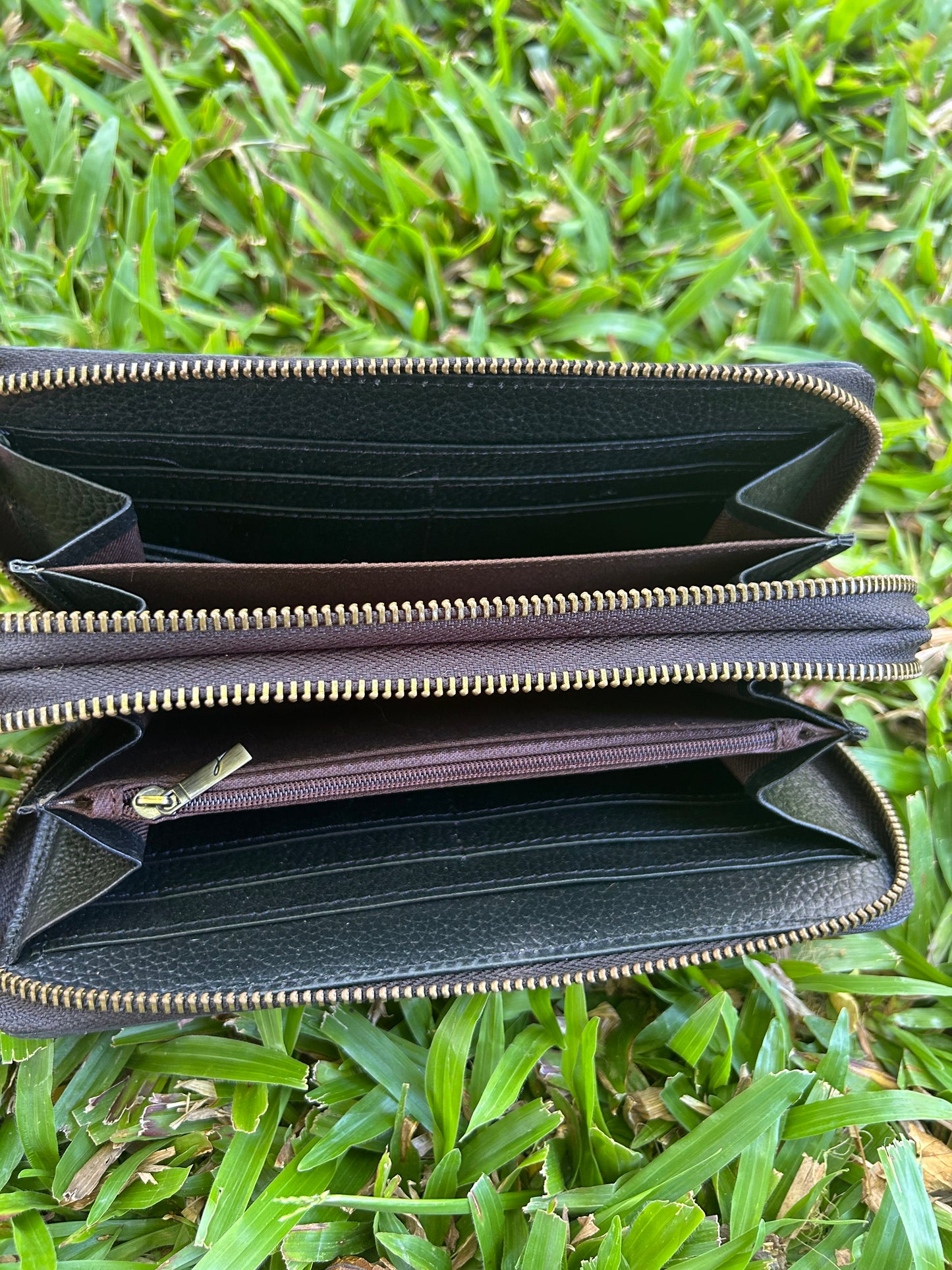 Black Leather Cowhide Double Zipper Purse 6