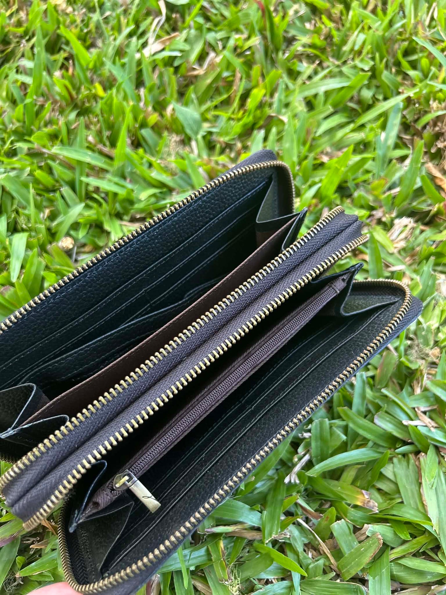 Black Leather Cowhide Double Zip Purse 2