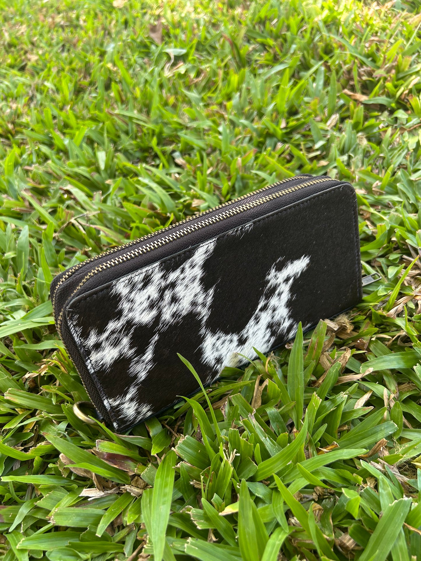 Black Leather Cowhide Double Zipper Purse 6