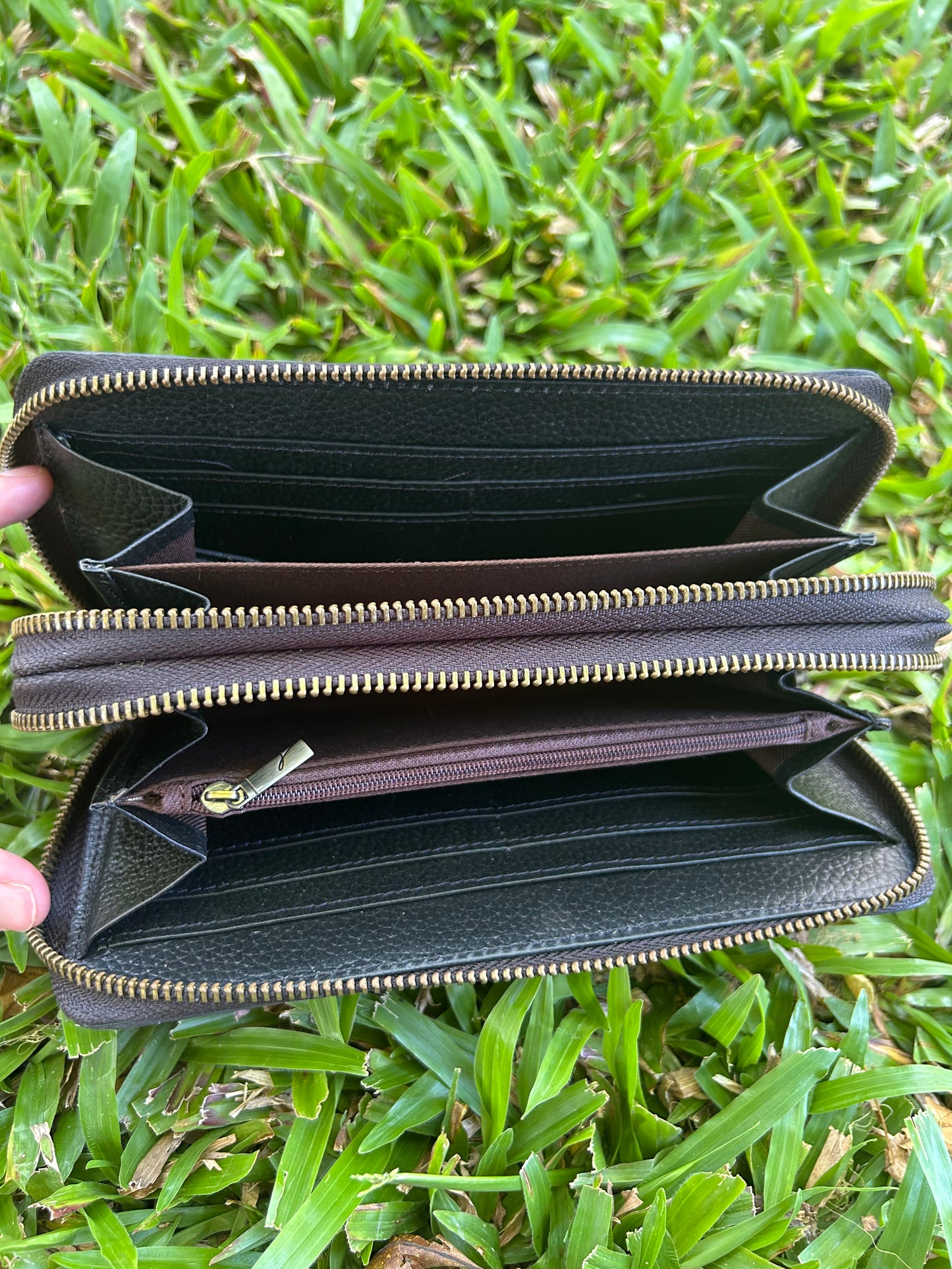 Black Leather Cowhide Double Zipper Purse 6