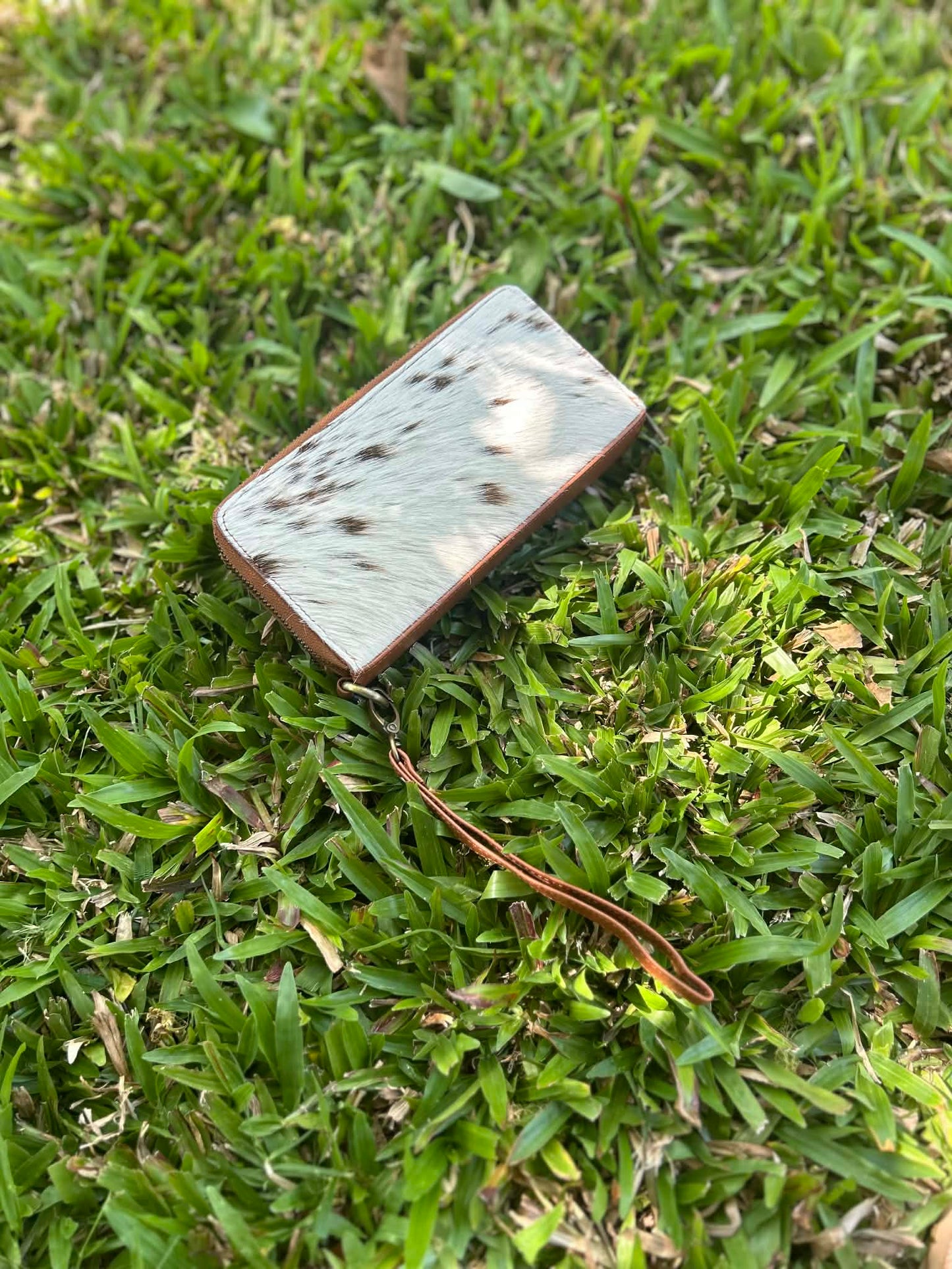 Tan Leather Cowhide Double Zip Purse 1